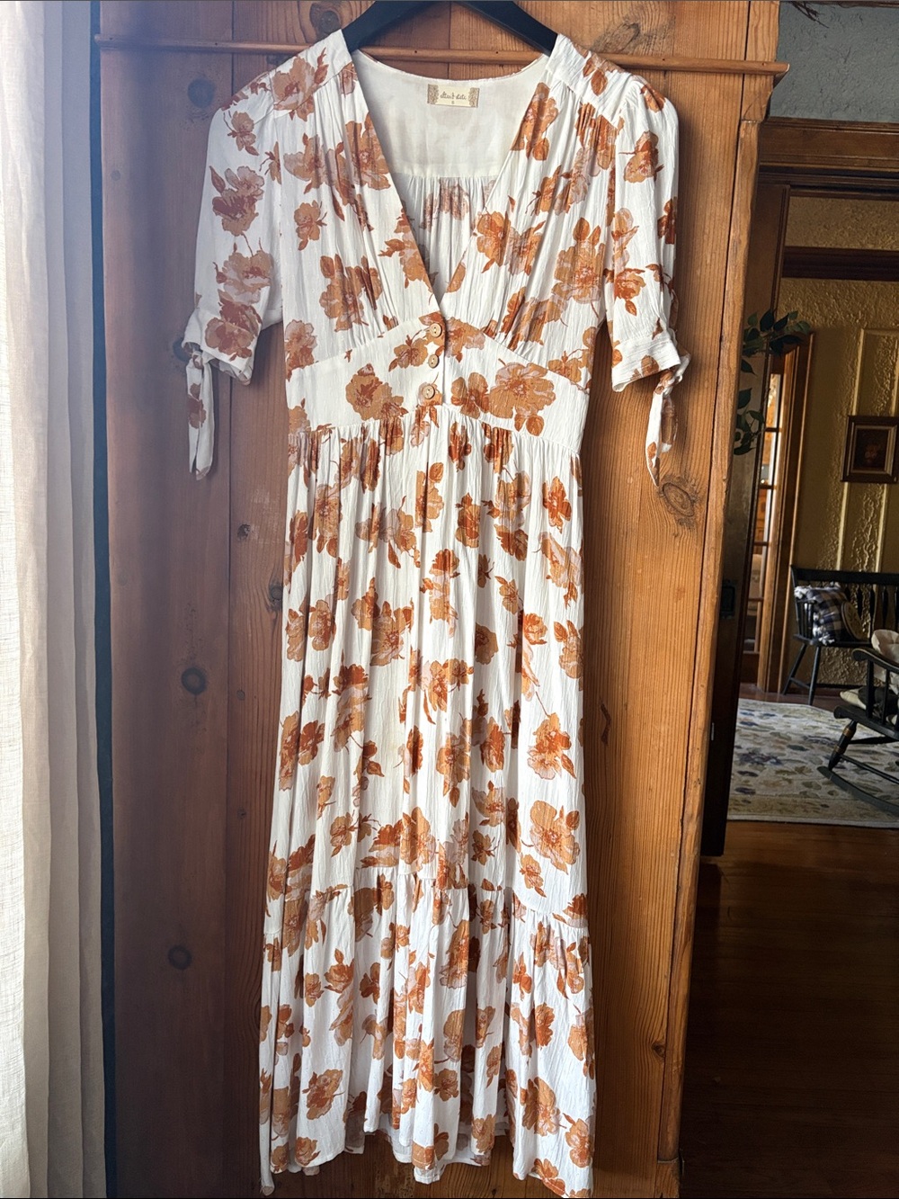 Altar'd State White Maxi Dress with Rust Floral Print